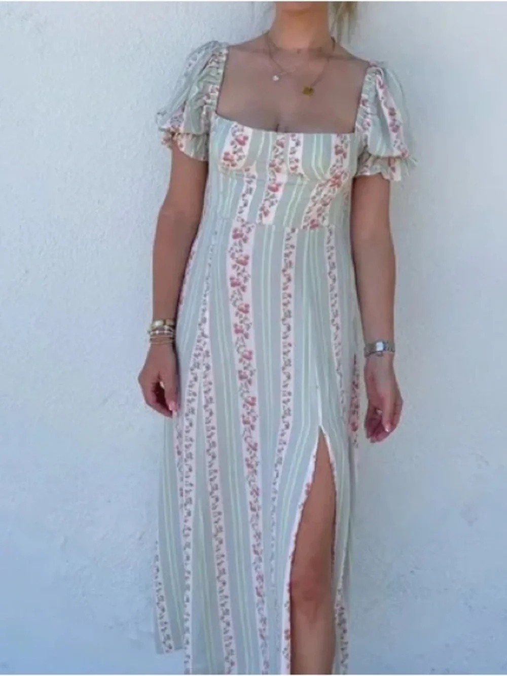 We Wore What Floral Rosewood Puff Sleeve Pastel Midi Dress
